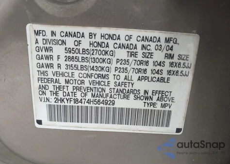 2004 Honda Pilot Ex from USA, damaged, VIN 2HKYF18474H564929